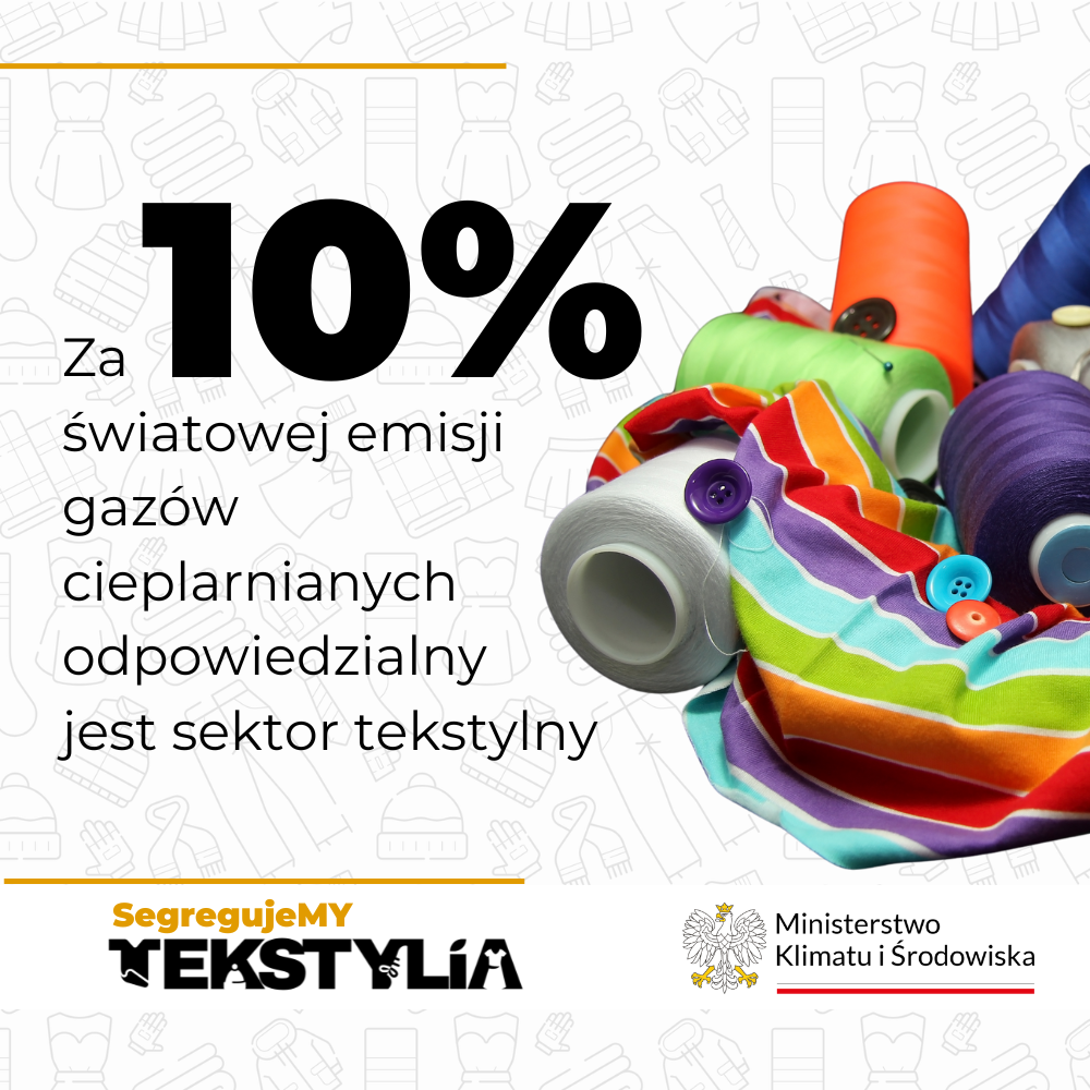 Grafika informuje, że 10% światowej emisji gaz&oacute;w cieplarnianych odpowiada sektor tekstylny. Widoczne logo Ministerstwa Klimatu i Środowiska oraz hasło "Segregujemy Tekstylia".